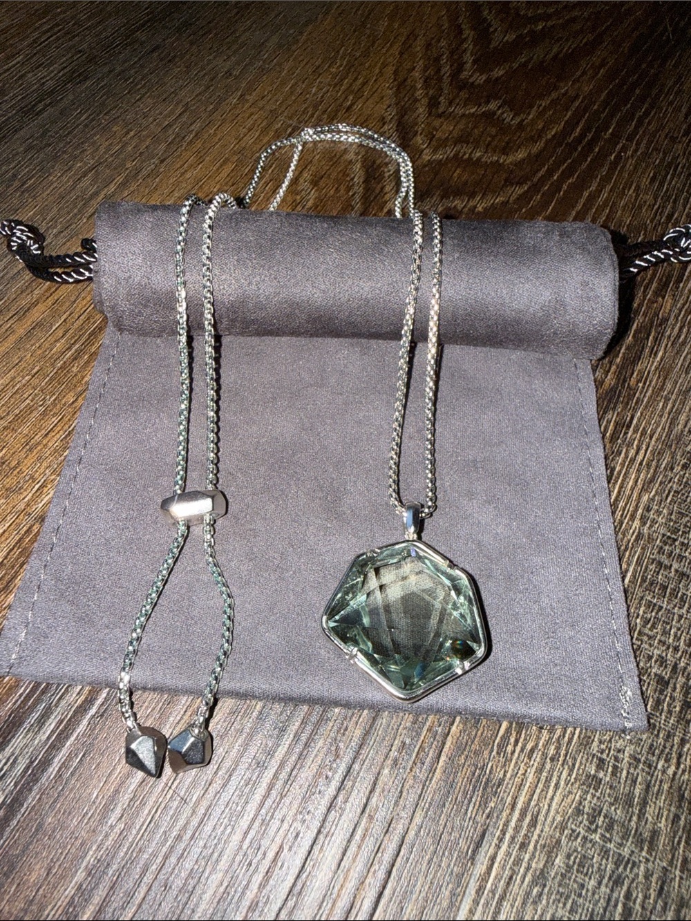 Kendra Scott Silver Necklace with Green Faceted Pendant
